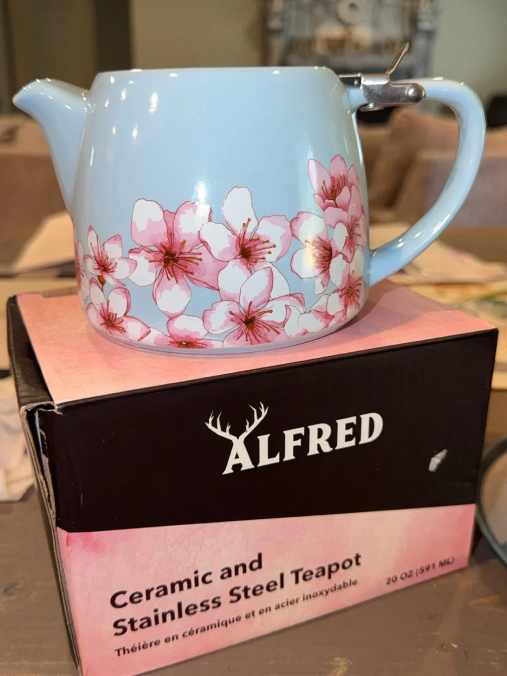 Alfred Light Blue Ceramic Teapot with Pink Cherry Blossom Motif